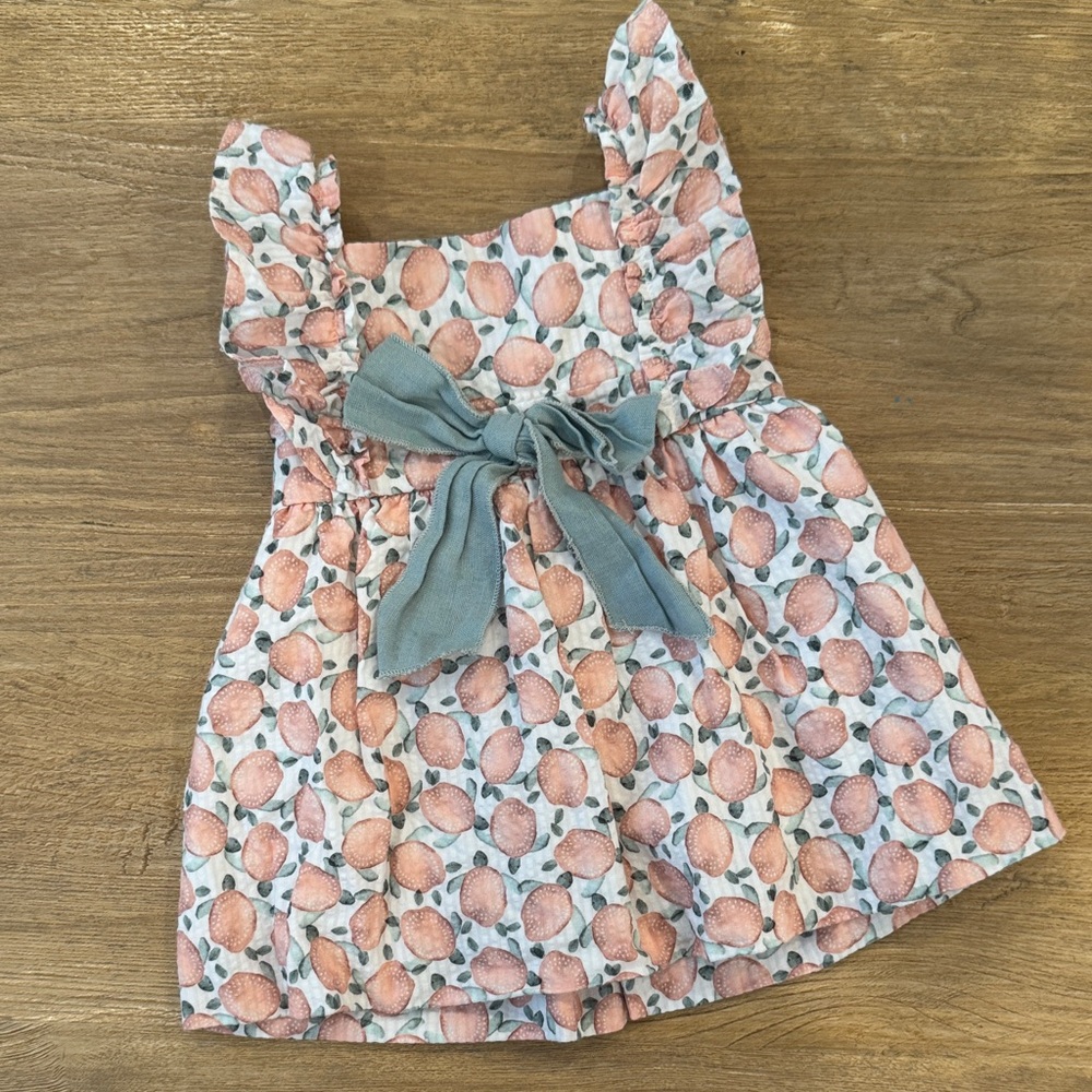Peach Patterned Kids Dress with Blue Bow